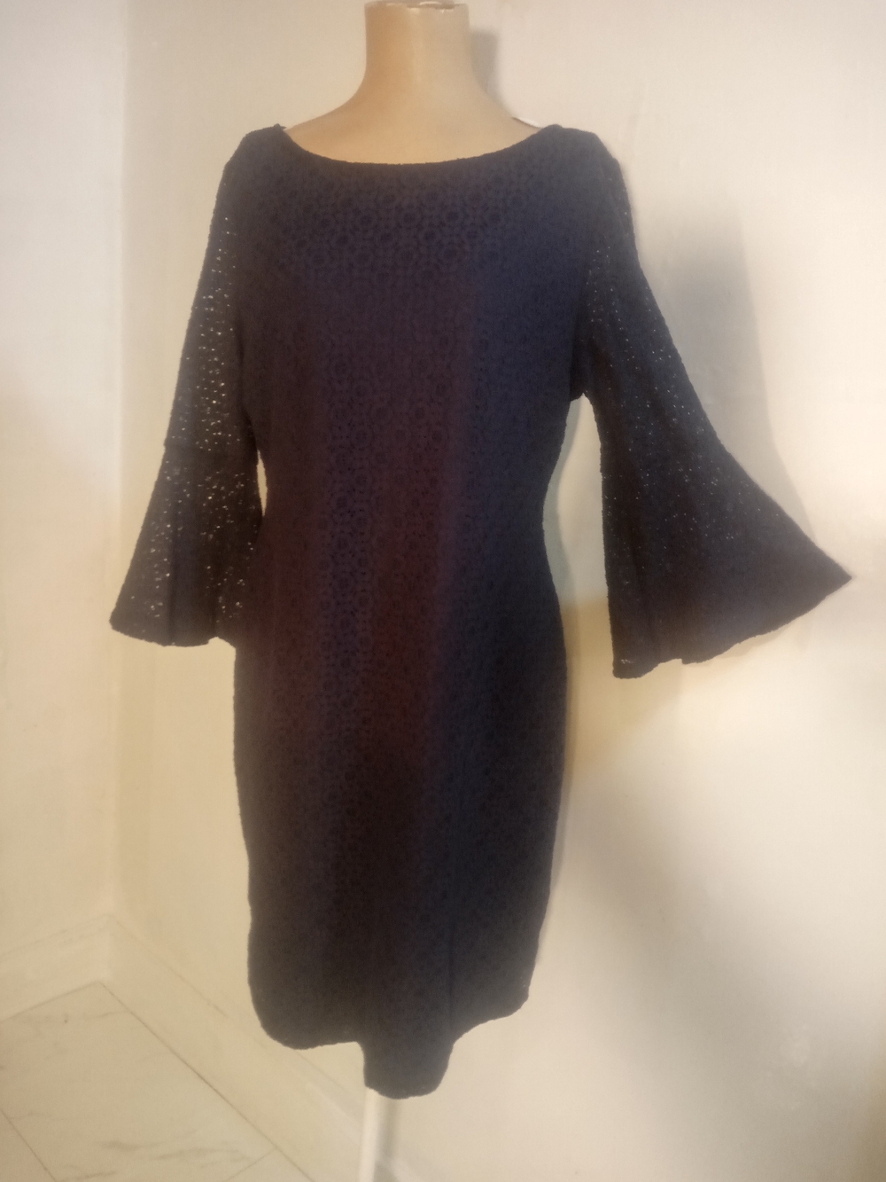 Vintage Sharagano Navy Lace Bell-Sleeve Sheath Dress